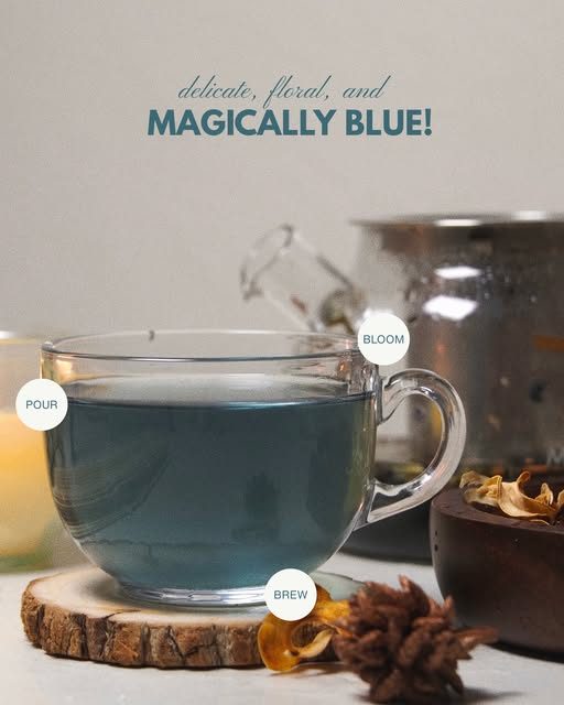 Butterfly pea tea in a glass cup, deep blue