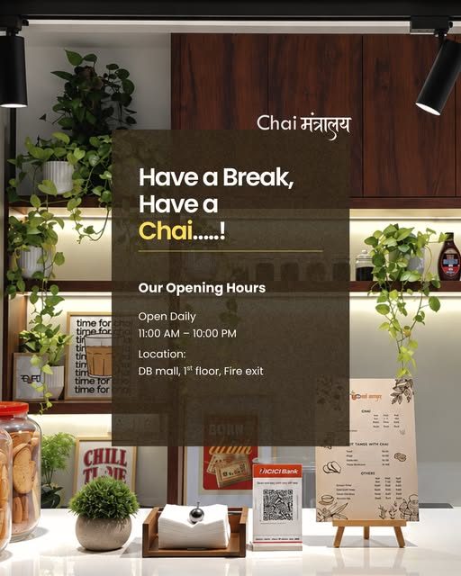 Chai Mantralaya counter at DB Mall with plants and menu board